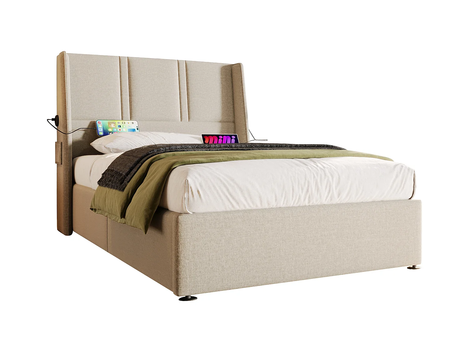 Opbergbed 90 x 200 cm met hoofdbord - USB/Type-C stopcontacten - Linnenstof - Beige (zonder matras)