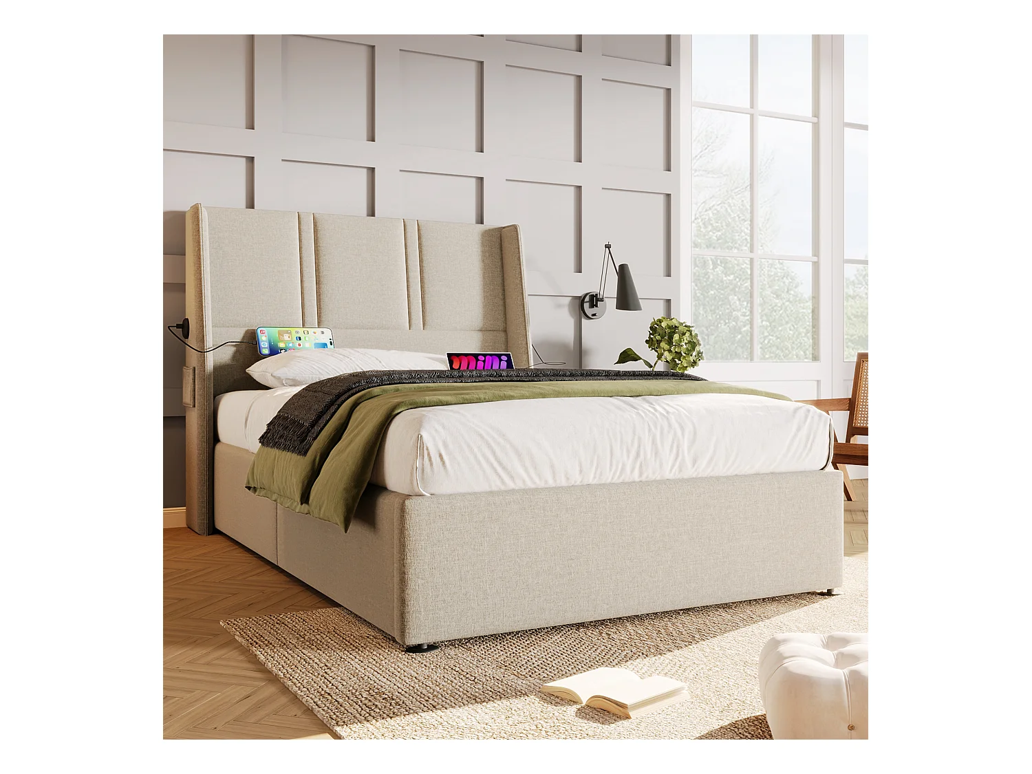Opbergbed 90 x 200 cm met hoofdbord - USB/Type-C stopcontacten - Linnenstof - Beige (zonder matras)