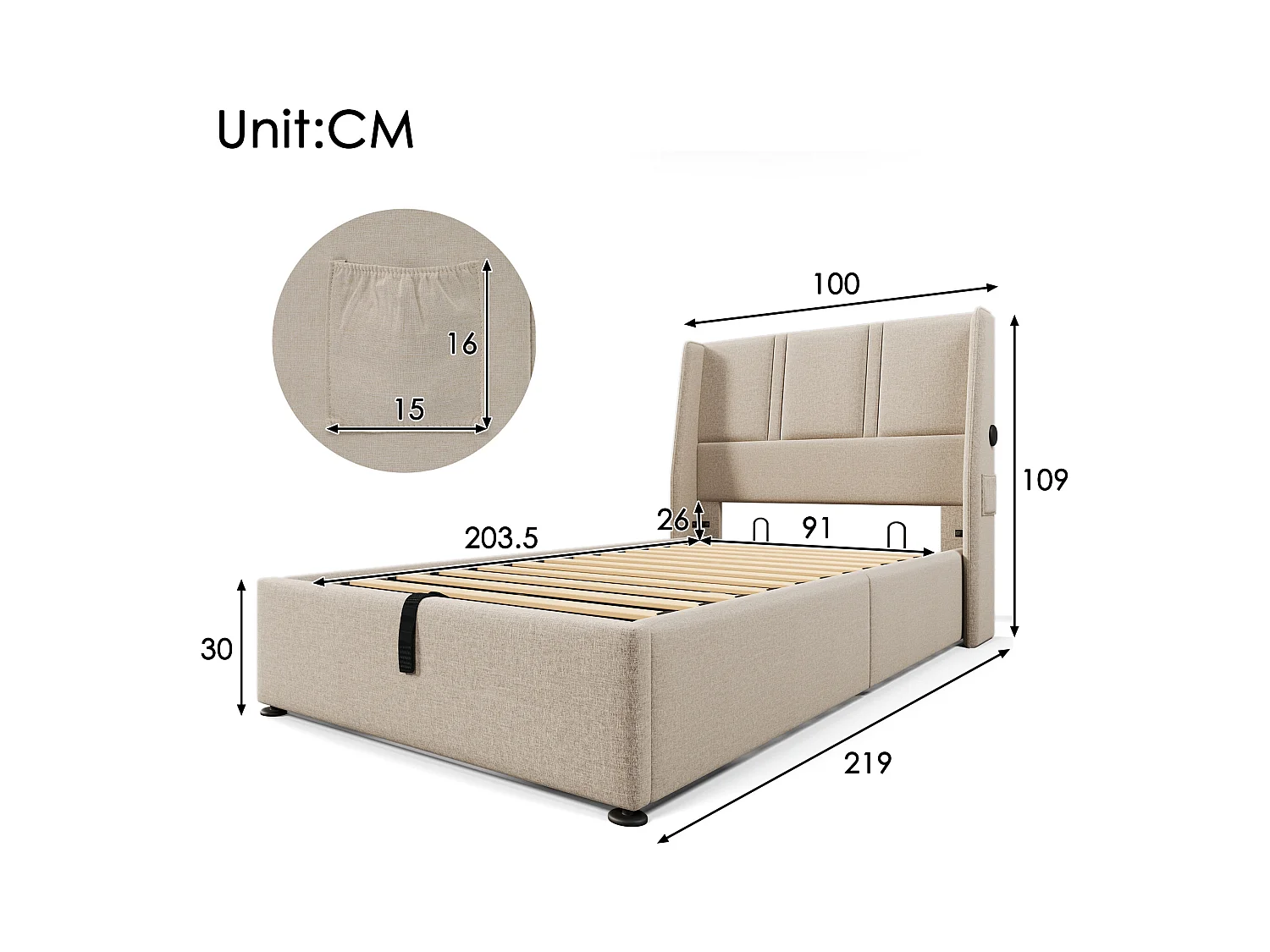 Opbergbed 90 x 200 cm met hoofdbord - USB/Type-C stopcontacten - Linnenstof - Beige (zonder matras)