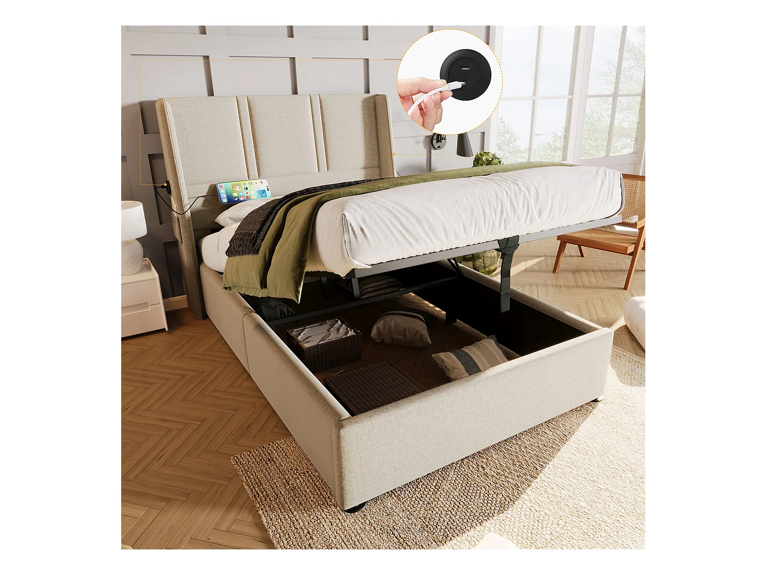 Opbergbed 90 x 200 cm met hoofdbord - USB/Type-C stopcontacten - Linnenstof - Beige (zonder matras)