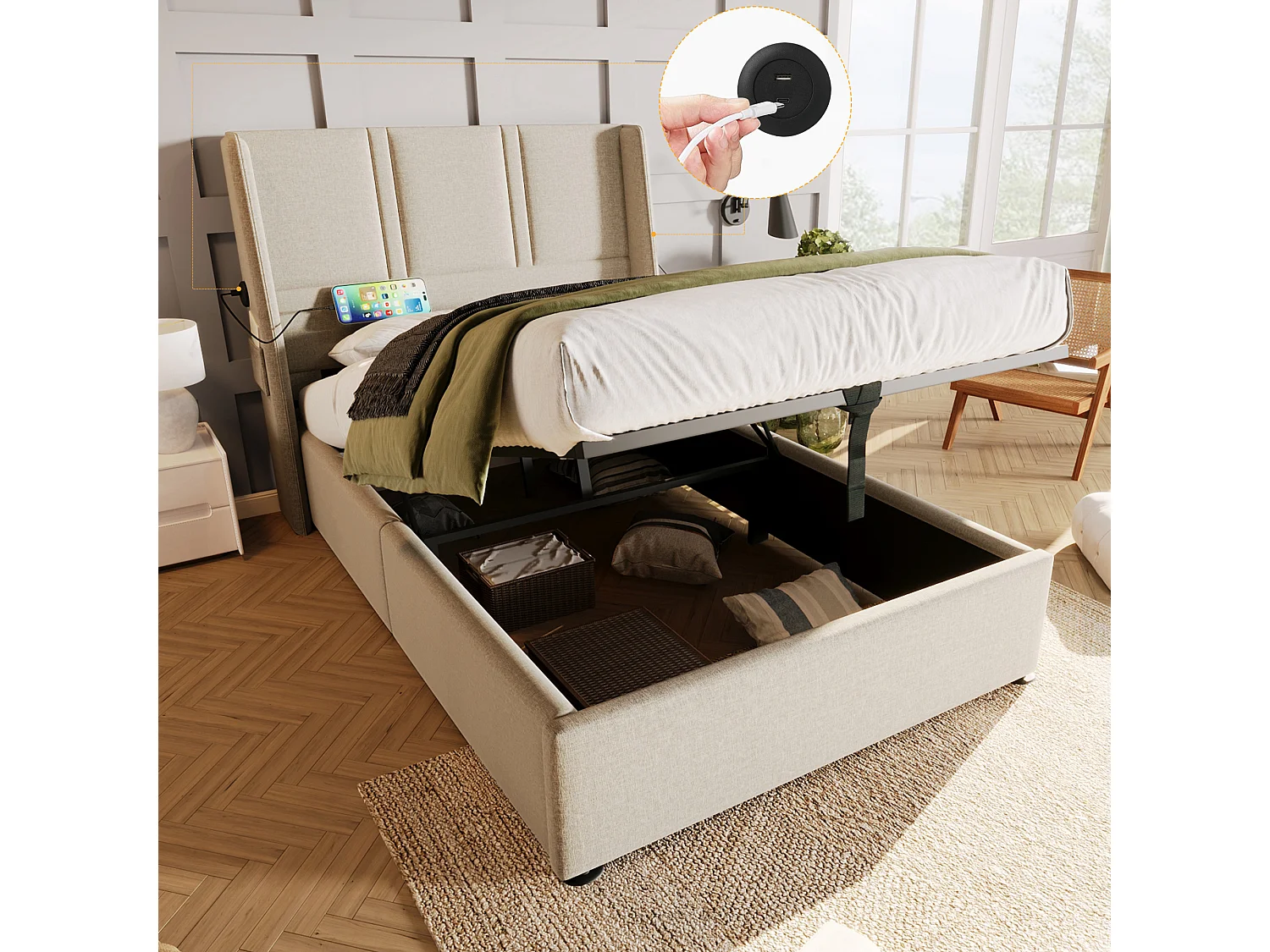 Lit coffre 90 x 200 cm avec tête de lit - Prises USB/Type-C - Tissu en lin - Beige (sans matelas)