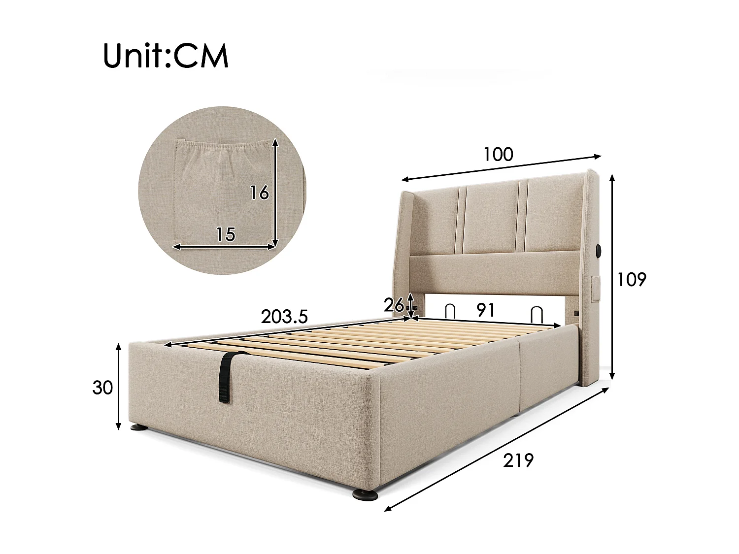 Lit coffre 90 x 200 cm avec tête de lit - Prises USB/Type-C - Tissu en lin - Beige (sans matelas)