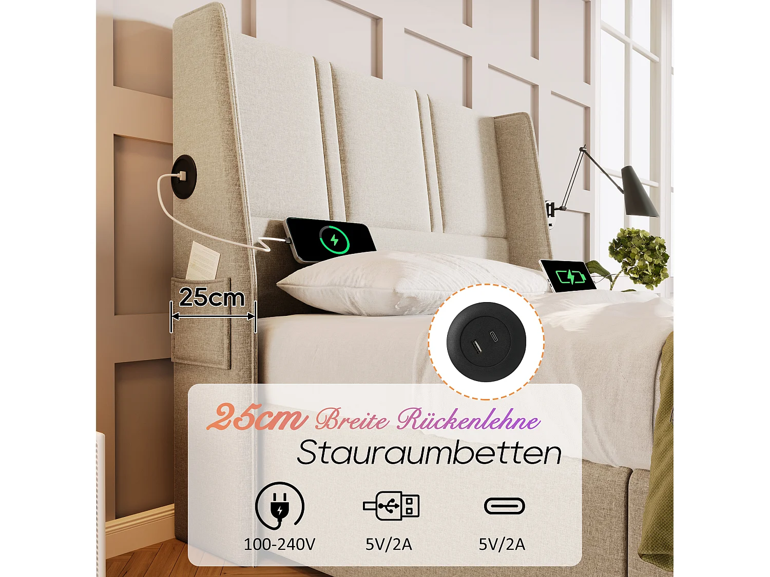 Lit coffre 90 x 200 cm avec tête de lit - Prises USB/Type-C - Tissu en lin - Beige (sans matelas)