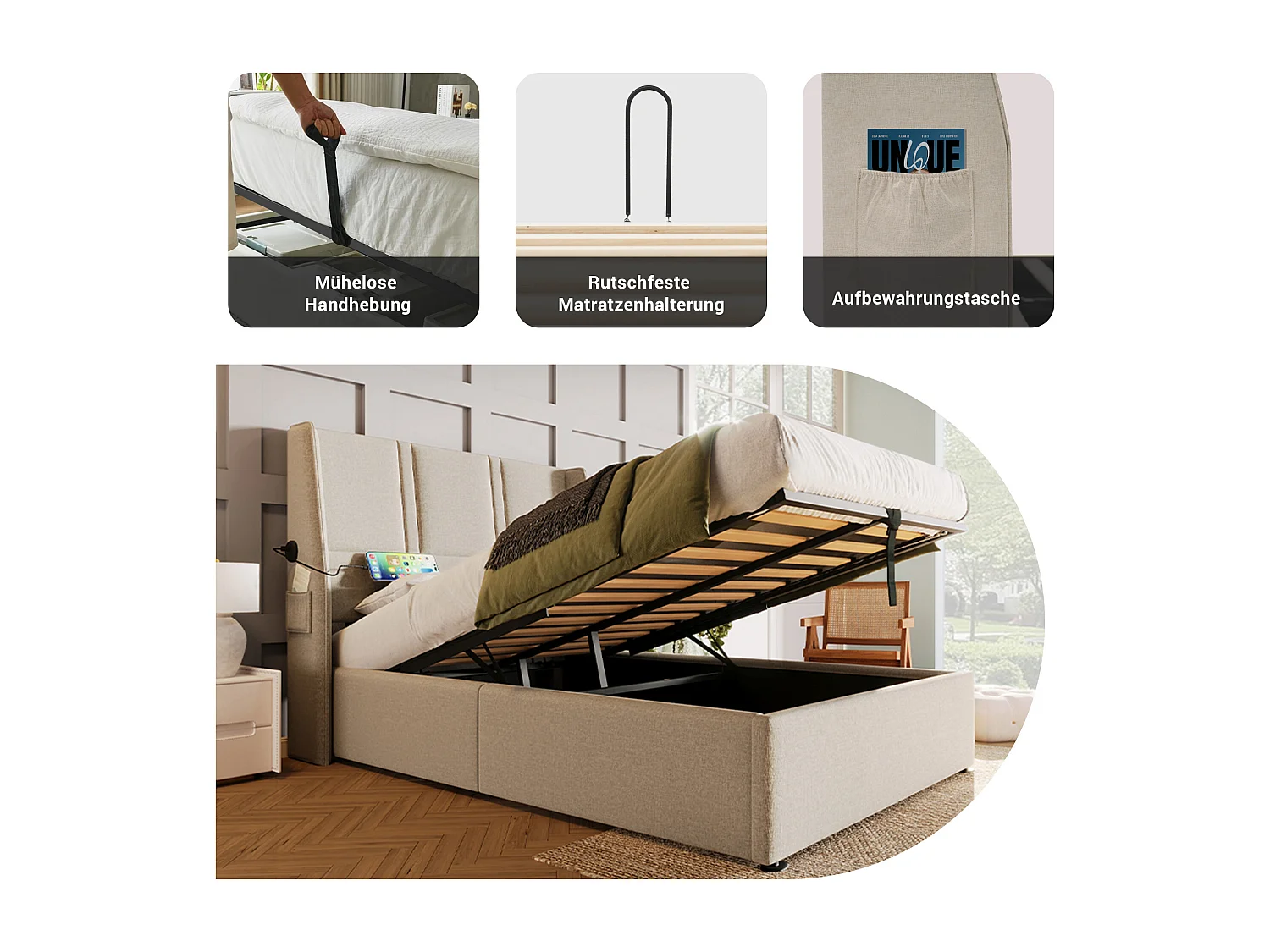 Lit coffre 90 x 200 cm avec tête de lit - Prises USB/Type-C - Tissu en lin - Beige (sans matelas)