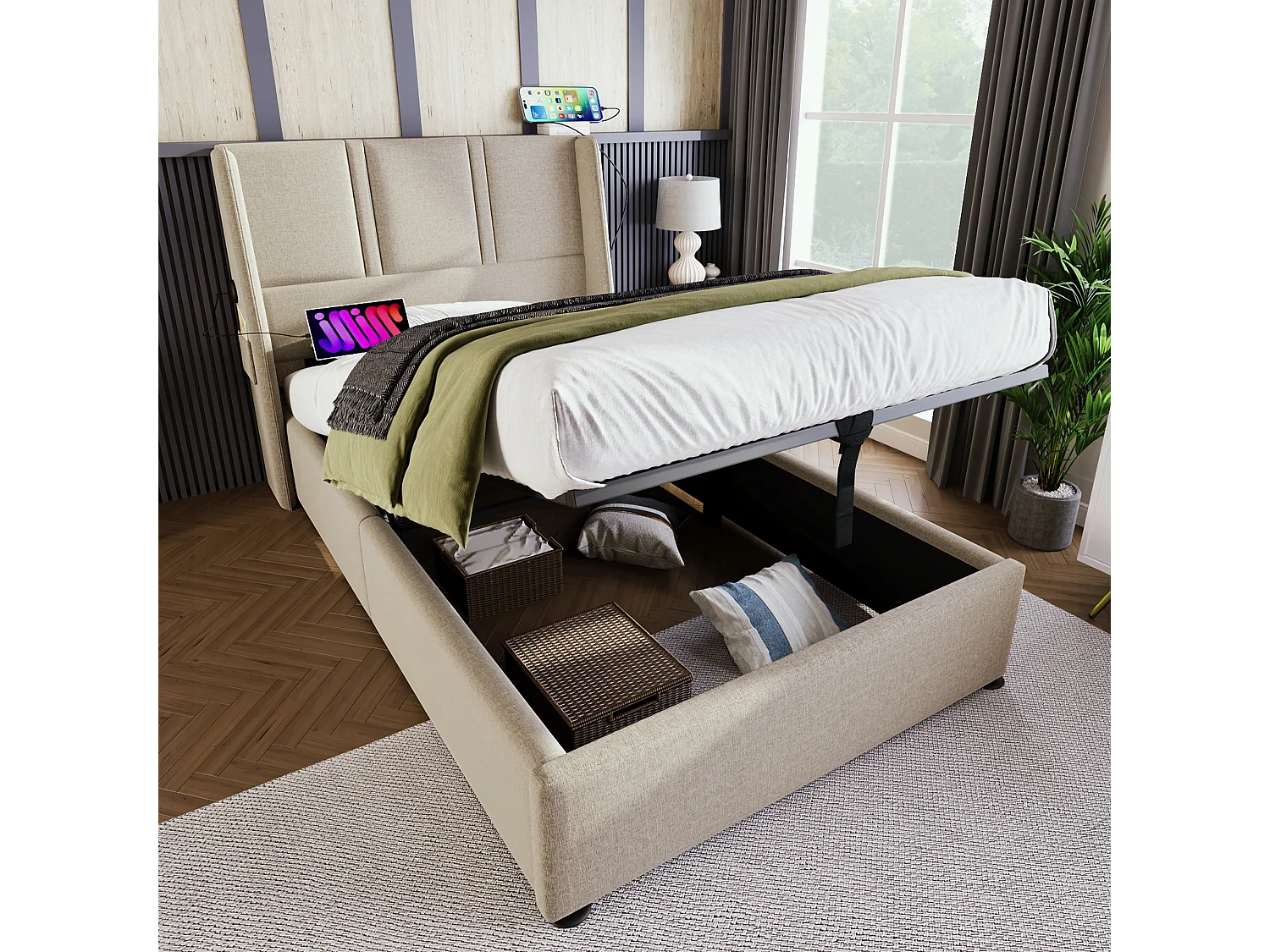 Lit coffre 90 x 200 cm avec tête de lit - Prises USB/Type-C - Tissu en lin - Beige (sans matelas)
