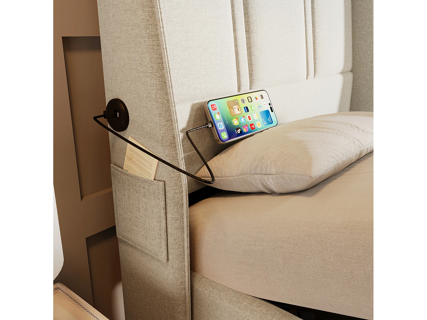 Lit coffre 90 x 200 cm avec tête de lit - Prises USB/Type-C - Tissu en lin - Beige (sans matelas)