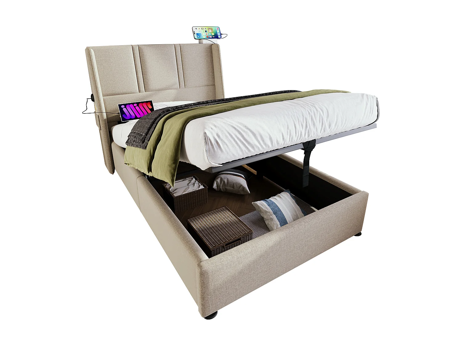 Lit coffre 90 x 200 cm avec tête de lit - Prises USB/Type-C - Tissu en lin - Beige (sans matelas)