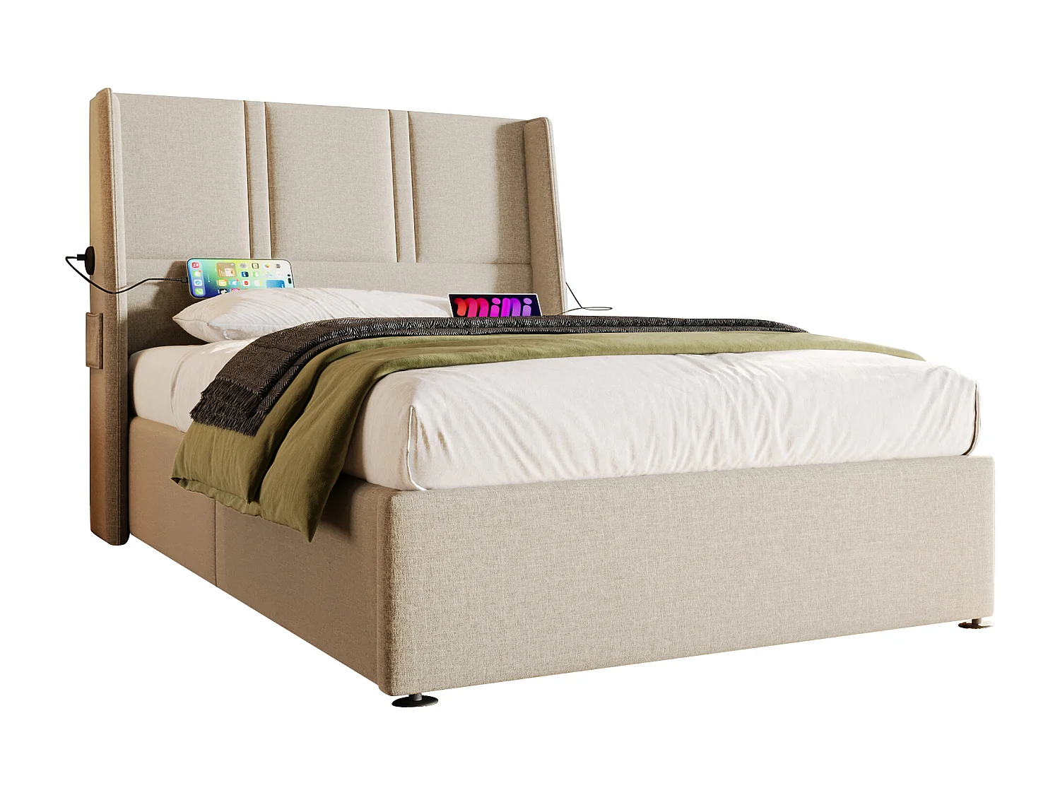 Lit coffre 90 x 200 cm avec tête de lit - Prises USB/Type-C - Tissu en lin - Beige (sans matelas)