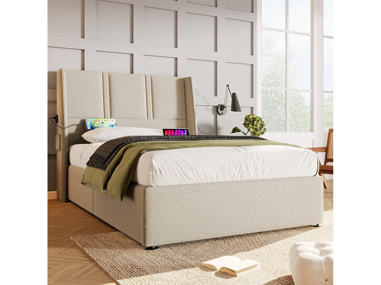 Lit coffre 90 x 200 cm avec tête de lit - Prises USB/Type-C - Tissu en lin - Beige (sans matelas)