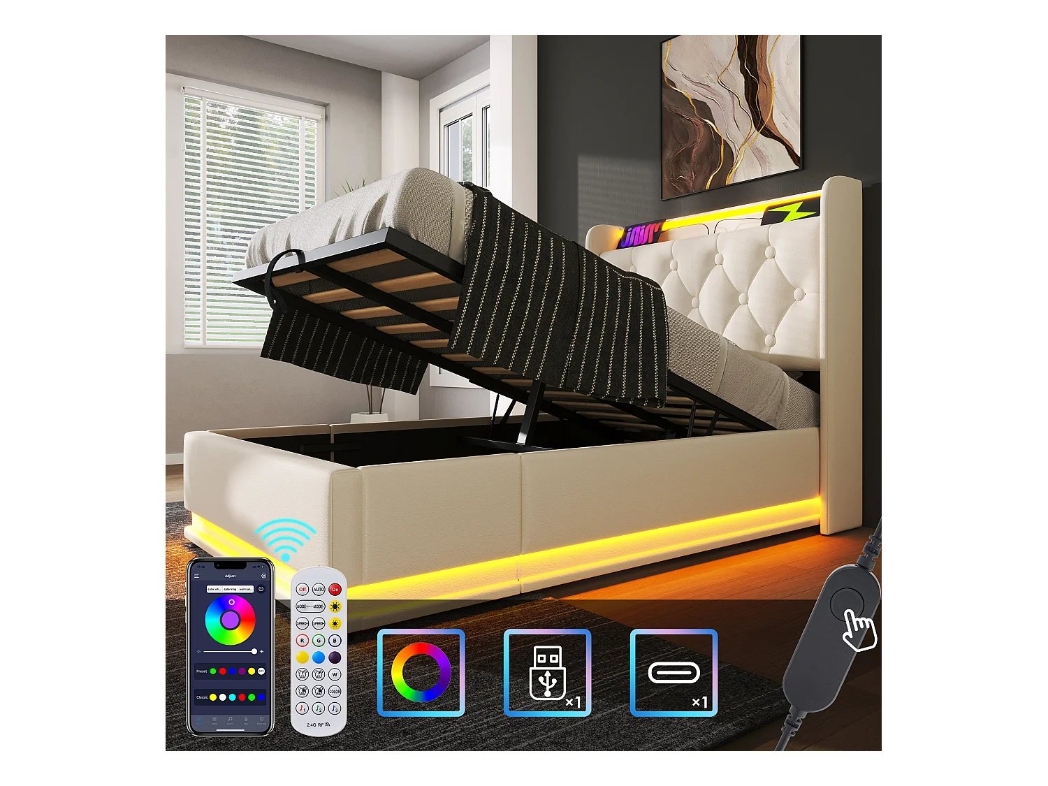 Lit coffre 90 x 200 cm avec tête de lit rangement - Prises USB et LEDs - Cuir PU - Motif boutons - Blanc (sans matelas)