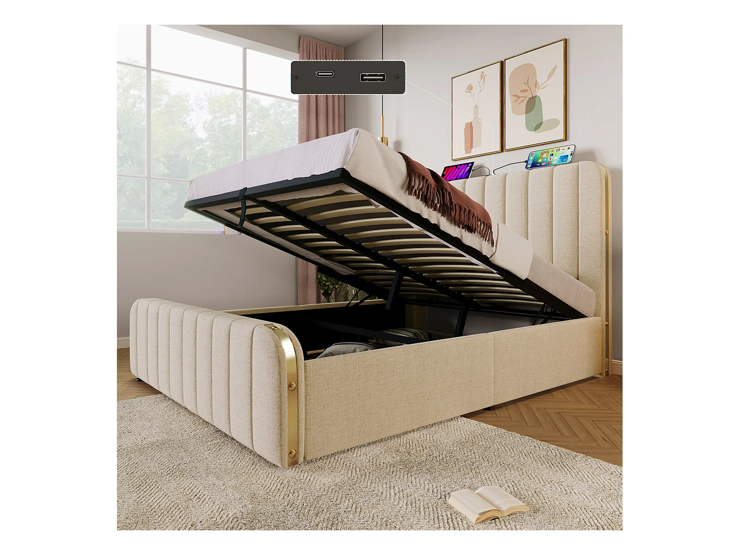 Lit coffre 140 x 200 cm avec tête de lit - Prises USB et Type-C - Tissu en lin - Rayures décoratives - Beige (sans matelas)