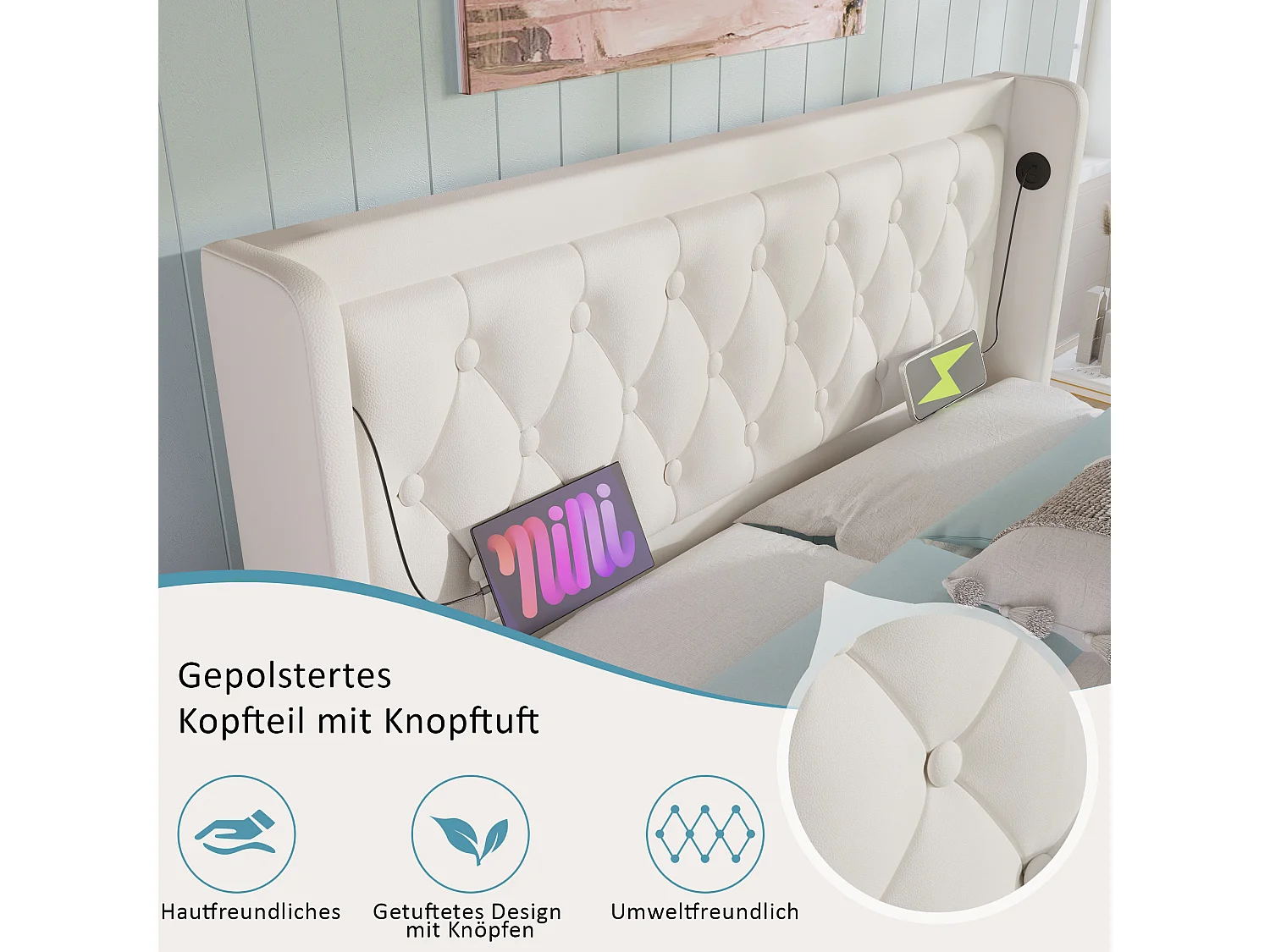 Cama contenedor 180 x 200 cm con cabecero - Tomas USB y Tipo C - LED - Cuero PU - Blanco (sin colchón)