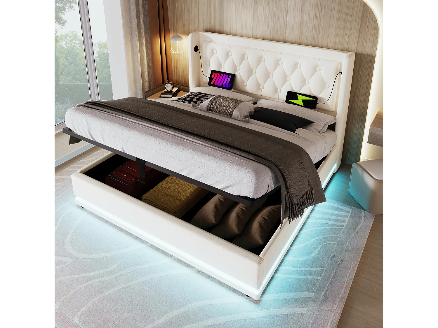 Opbergbed 180 x 200 cm met hoofdbord - USB- en Type-C-aansluitingen - LED's - PU-leer - Wit (zonder matras)