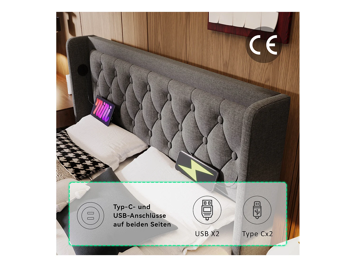 Cama de armazenamento 180 x 200 cm com cabeceira - Tomadas USB e Tipo C - LEDs - Tecido de algodão - Cinza (sem colchão)