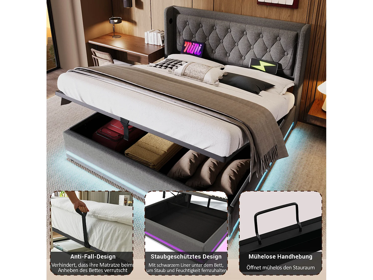 Cama de armazenamento 180 x 200 cm com cabeceira - Tomadas USB e Tipo C - LEDs - Tecido de algodão - Cinza (sem colchão)