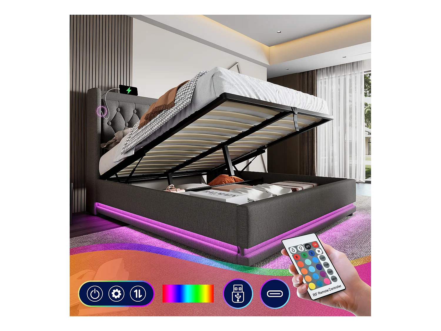 Lit coffre 180 x 200 cm avec tête de lit - Prises USB et Type-C - LEDs - Tissu en coton - Gris (sans matelas)