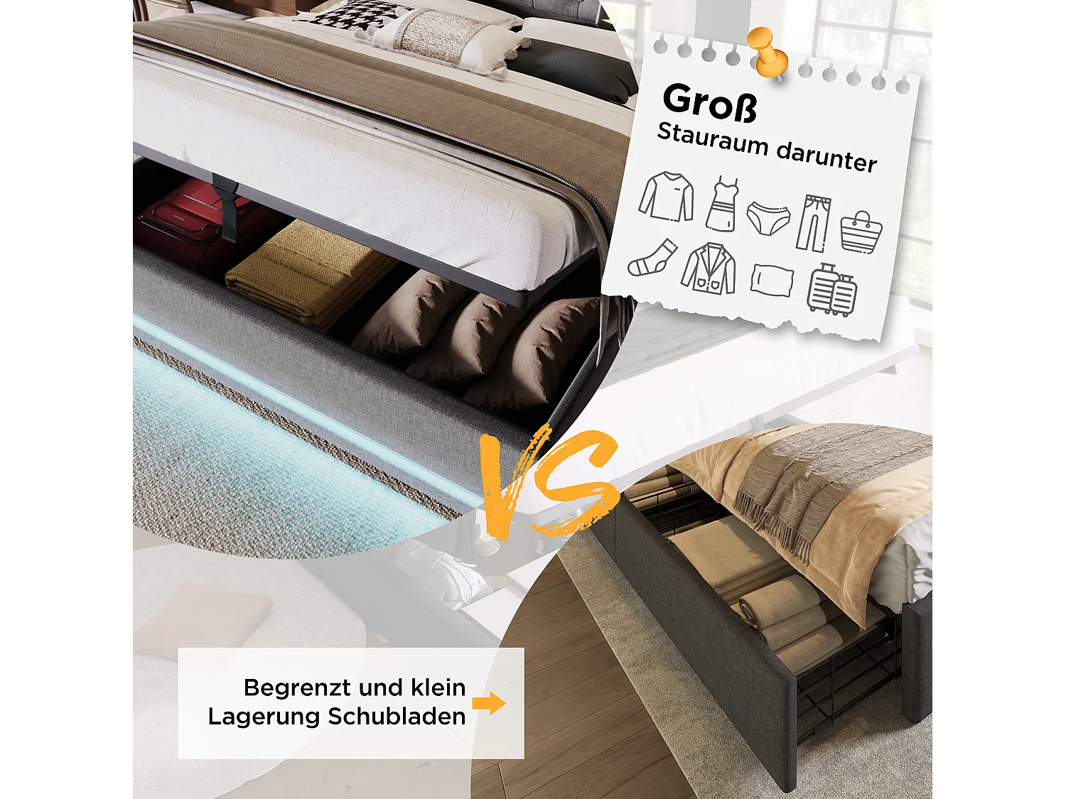 Lit coffre 180 x 200 cm avec tête de lit - Prises USB et Type-C - LEDs - Tissu en coton - Gris (sans matelas)