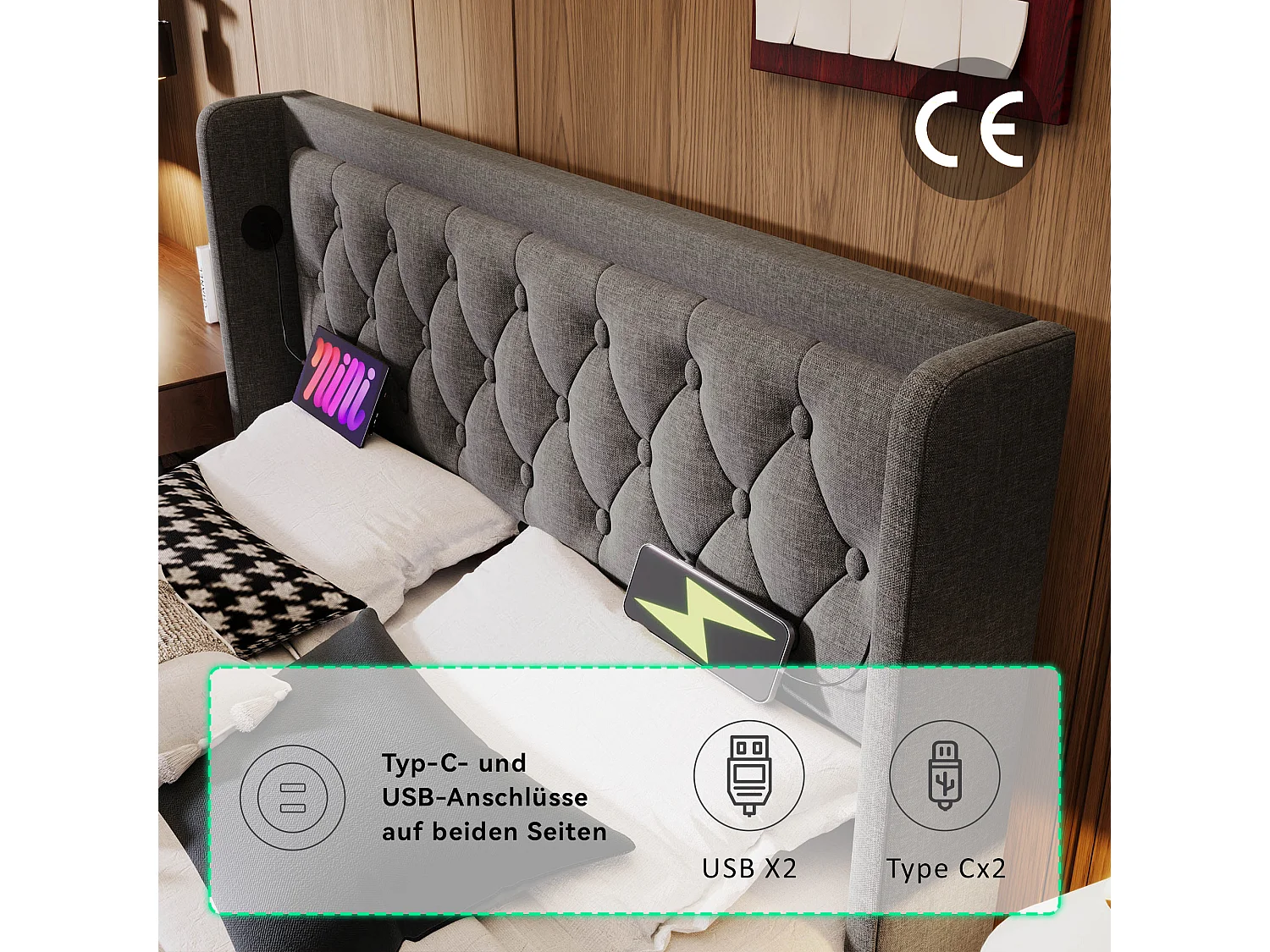 Lit coffre 180 x 200 cm avec tête de lit - Prises USB et Type-C - LEDs - Tissu en coton - Gris (sans matelas)