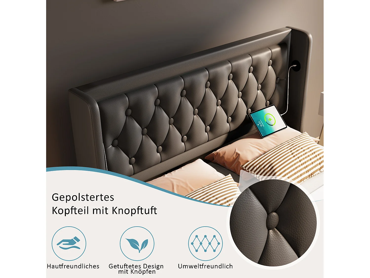 Opbergbed 160 x 200 cm met hoofdbord - USB- en Type-C-aansluitingen - LED's - PU-leer - Zwart (zonder matras)