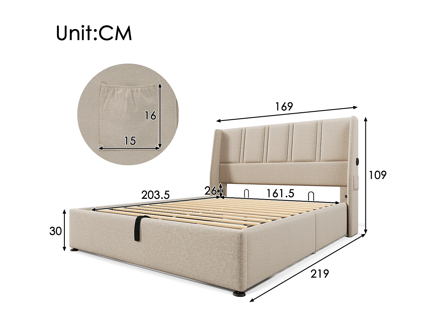Opbergbed 160 x 200 cm met hoofdbord - USB/Type-C stopcontacten - Linnenstof - Beige (zonder matras)