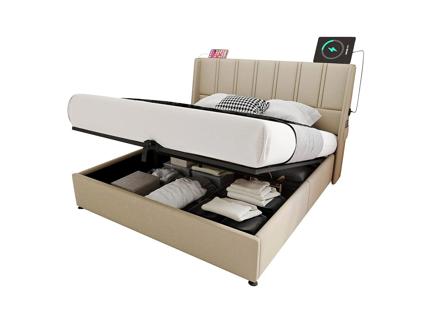 Lit coffre 160 x 200 cm avec tête de lit - Prises USB/Type-C - Tissu en lin - Beige (sans matelas)