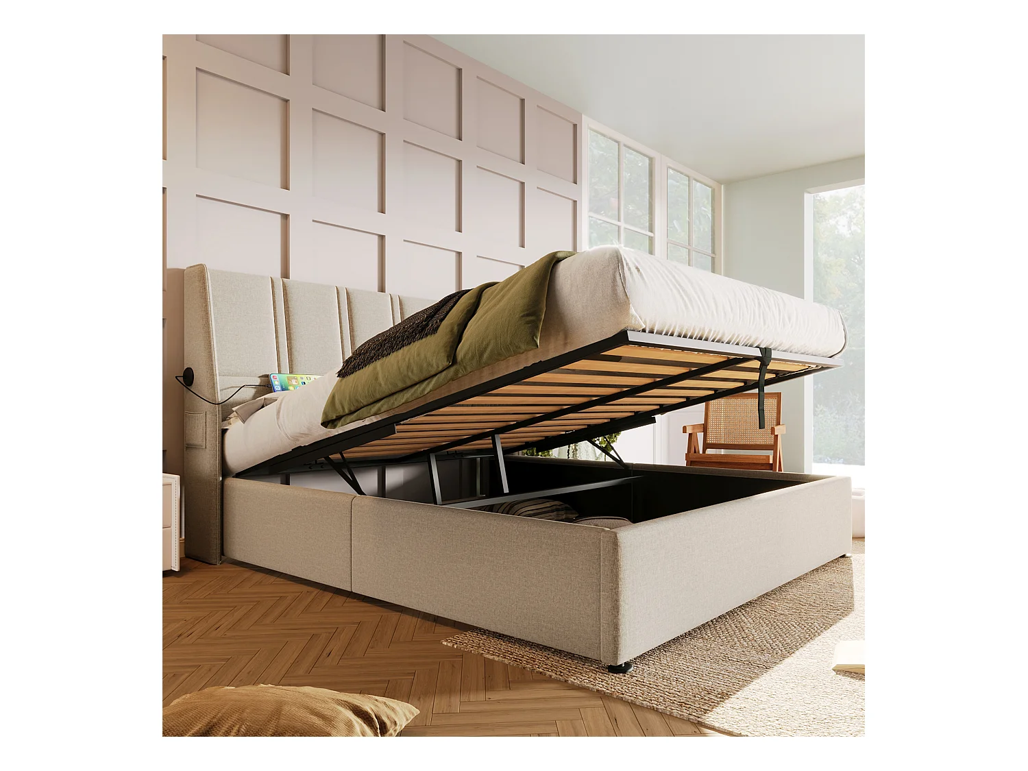 Lit coffre 160 x 200 cm avec tête de lit - Prises USB/Type-C - Tissu en lin - Beige (sans matelas)