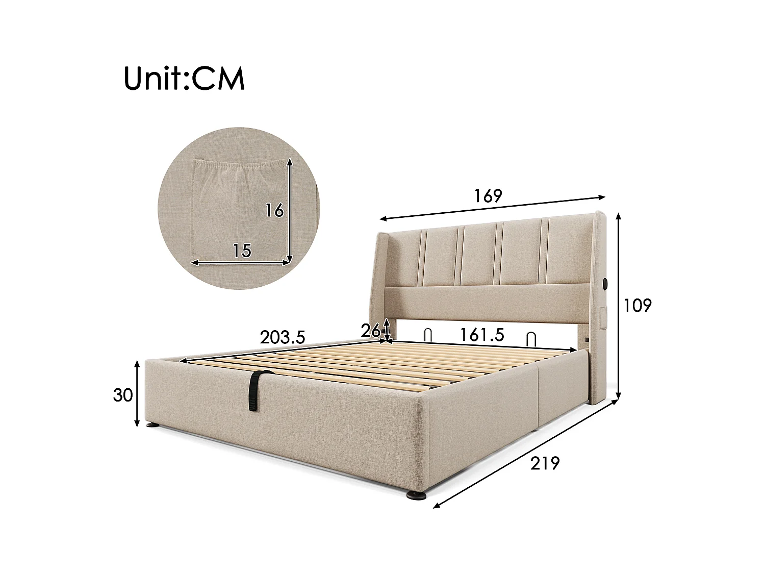 Lit coffre 160 x 200 cm avec tête de lit - Prises USB/Type-C - Tissu en lin - Beige (sans matelas)