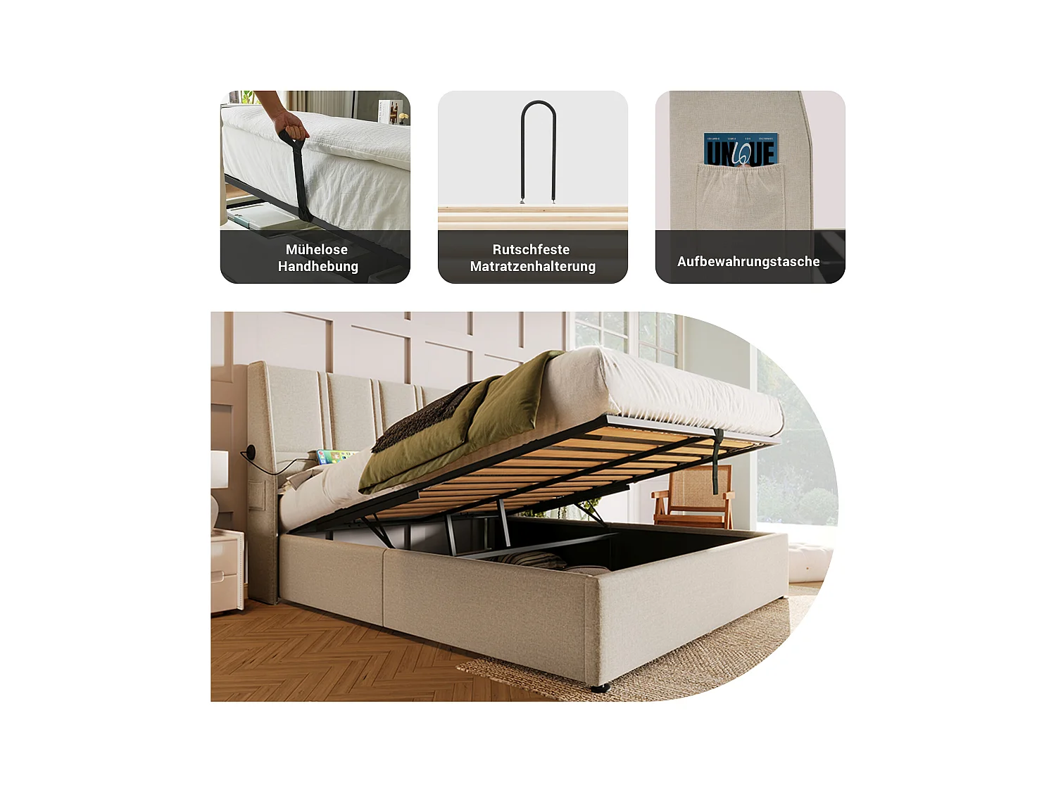 Lit coffre 160 x 200 cm avec tête de lit - Prises USB/Type-C - Tissu en lin - Beige (sans matelas)