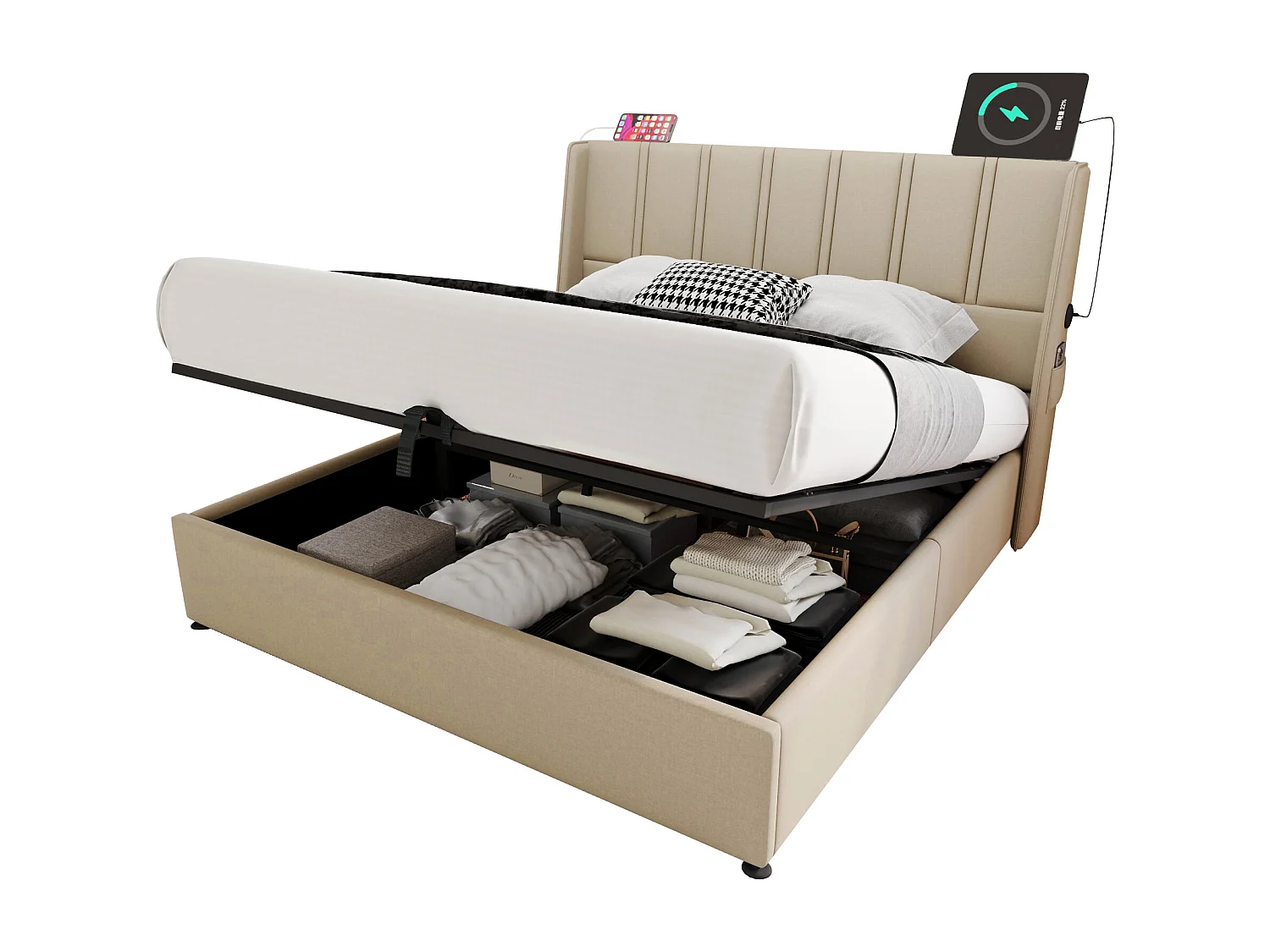 Opbergbed 160 x 200 cm met hoofdbord - USB/Type-C stopcontacten - Linnenstof - Beige (zonder matras)