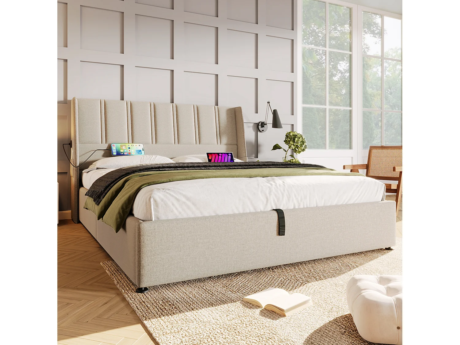Opbergbed 160 x 200 cm met hoofdbord - USB/Type-C stopcontacten - Linnenstof - Beige (zonder matras)