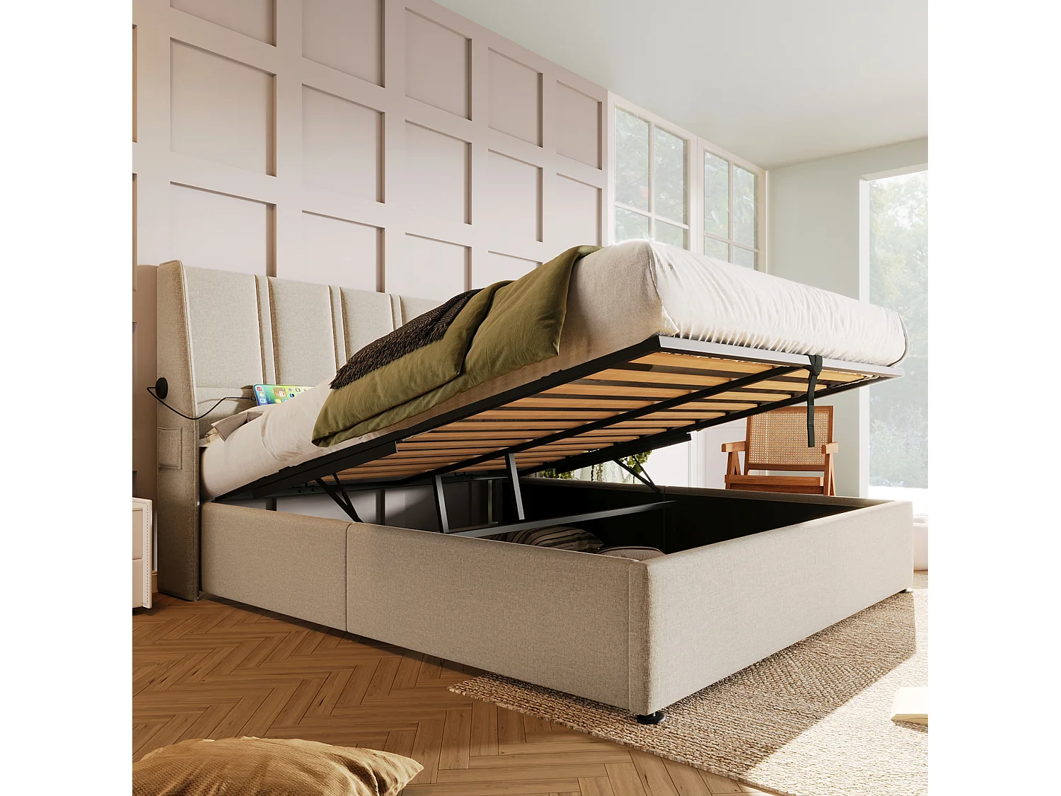 Opbergbed 160 x 200 cm met hoofdbord - USB/Type-C stopcontacten - Linnenstof - Beige (zonder matras)