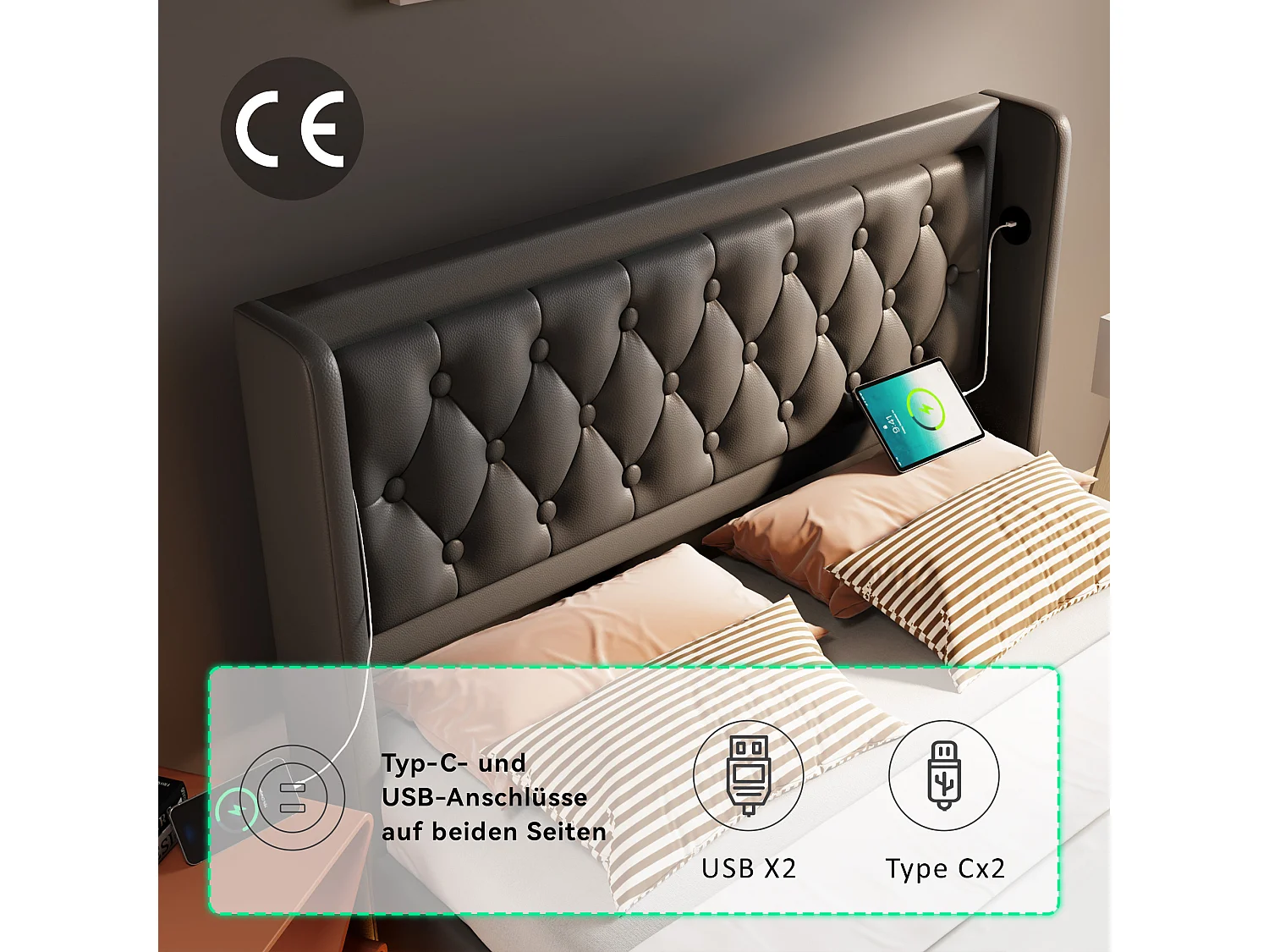 Cama de armazenamento 140 x 200 cm com cabeceira - Tomadas USB e Tipo C - LEDs - Couro PU - Preto (sem colchão)