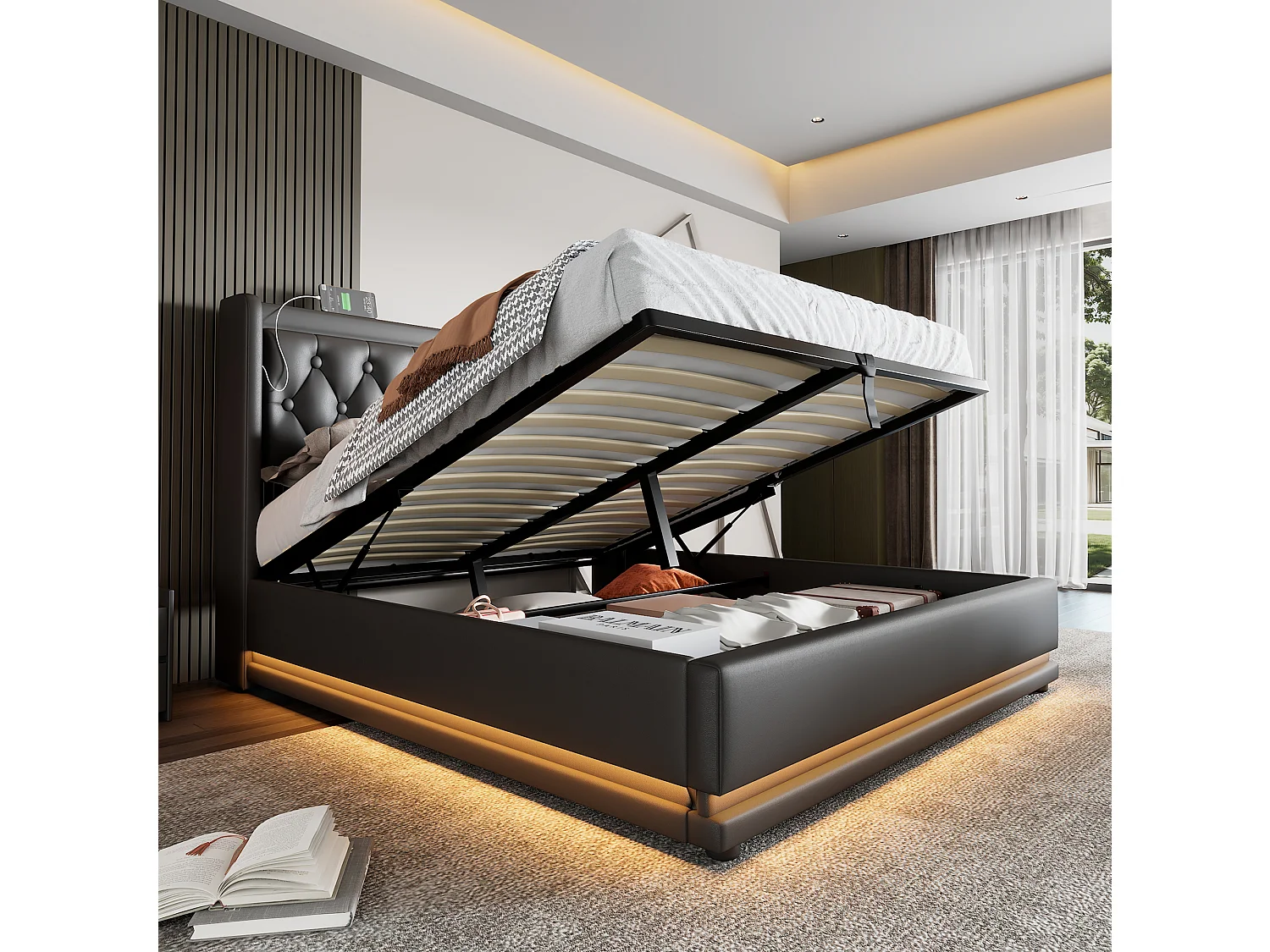 Cama de armazenamento 140 x 200 cm com cabeceira - Tomadas USB e Tipo C - LEDs - Couro PU - Preto (sem colchão)