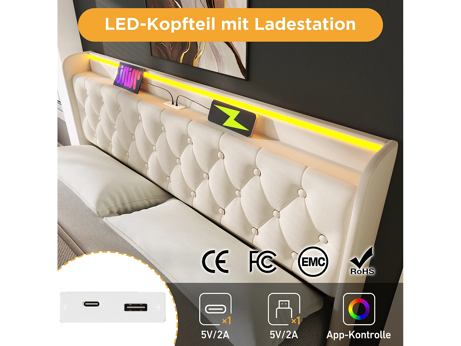 Letto contenitore 140 x 200 cm con testiera contenitore - Prese USB e LED - Pelle PU - Fantasia bottoni - Bianco (senza materasso)