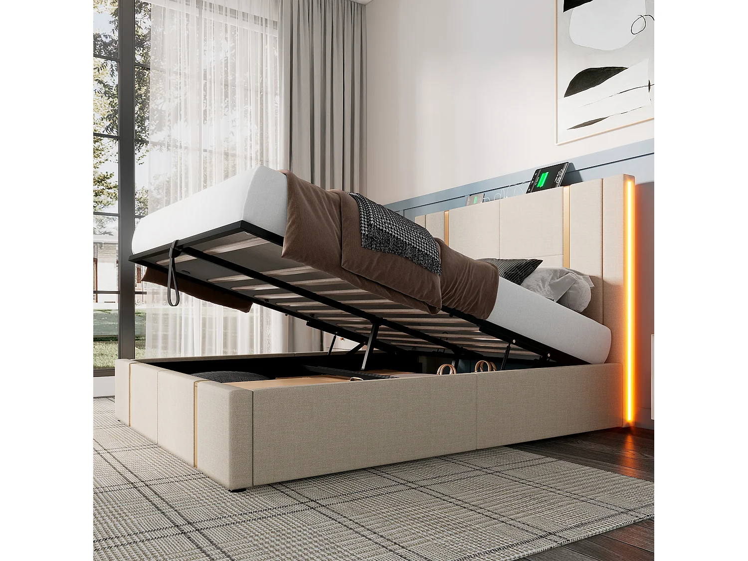 Lit coffre 160 x 200 cm avec tête de lit - Prises USB et Type-C - LEDs - Tissu en lin - Beige (sans matelas)