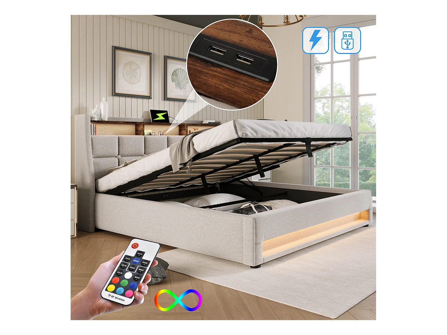 Lit coffre 160 x 200 cm avec tête de lit rangement - Prise USB et LEDs - Tissu en lin - Beige - Sans matelas