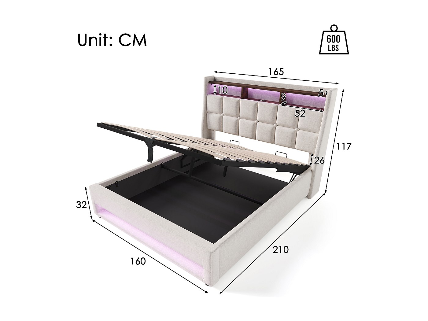 Letto per adulti Letto matrimoniale Letto imbottito 160 x 200 cm con