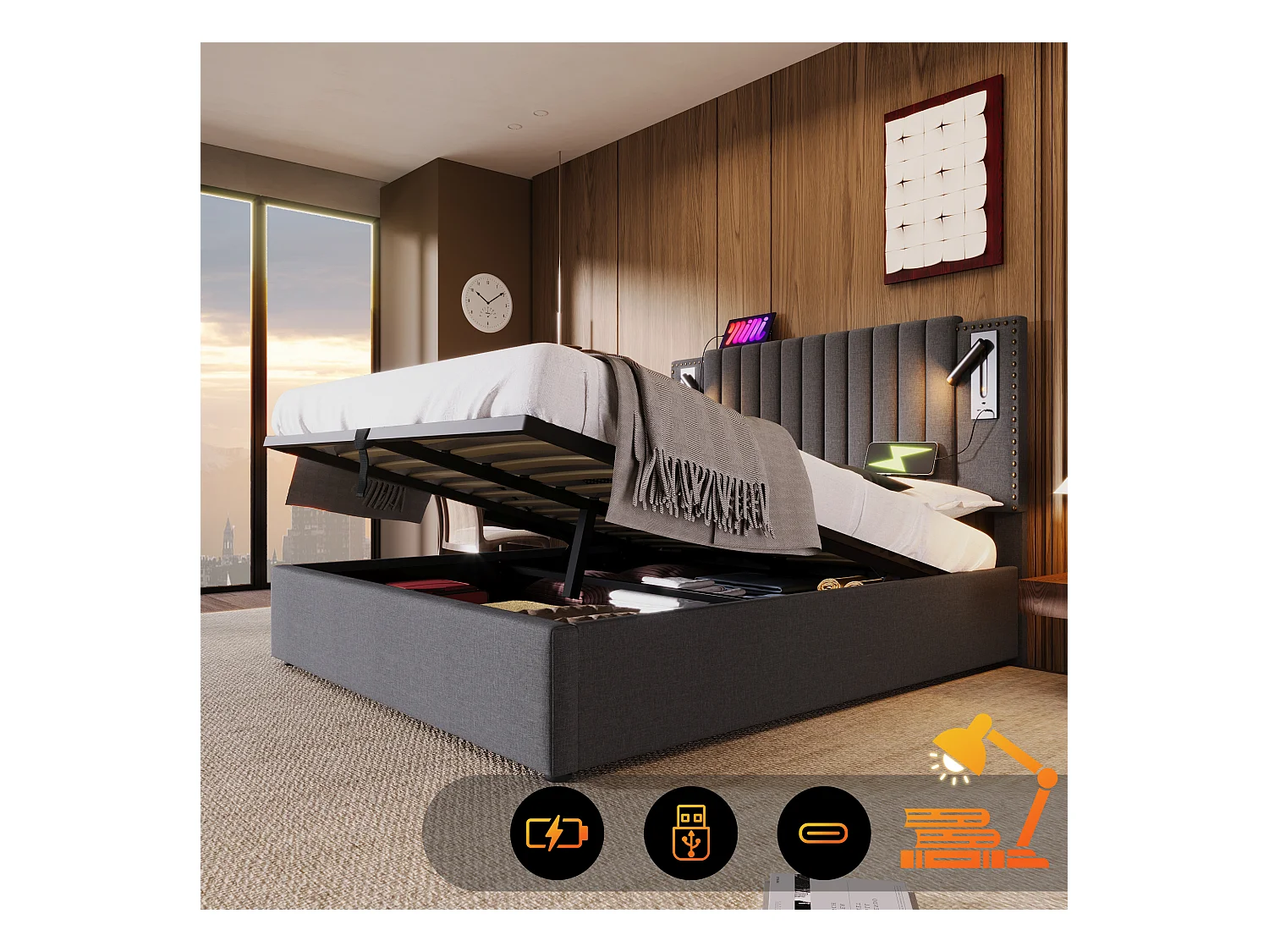 Lit coffre 140 x 200 cm avec tête de lit - Prises USB et lampe de lecture - Tissu en coton - motif rivet - Gris (sans matelas)