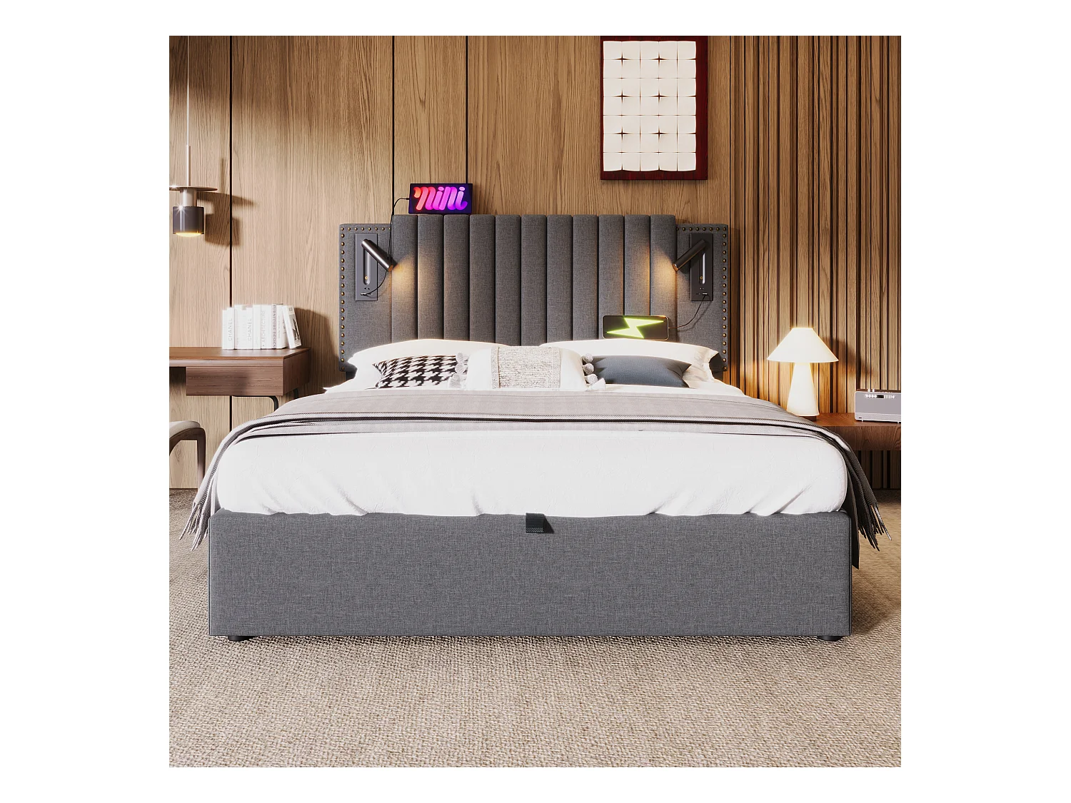 Lit coffre 140 x 200 cm avec tête de lit - Prises USB et lampe de lecture - Tissu en coton - motif rivet - Gris (sans matelas)