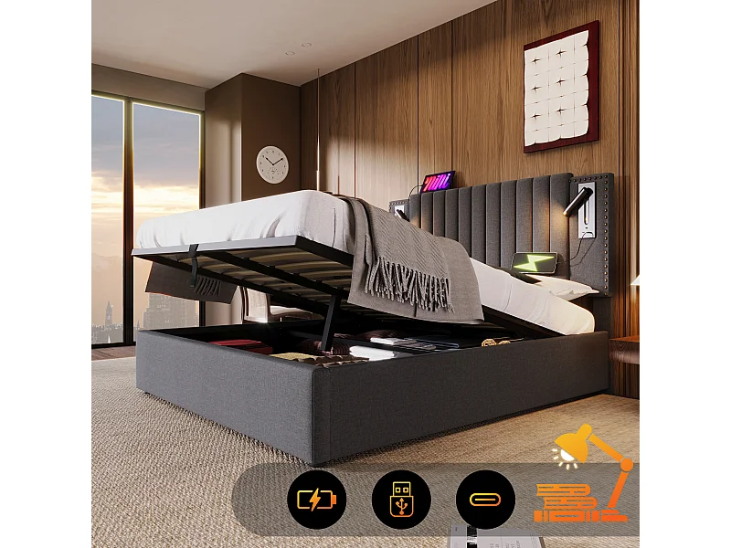 Cama de arrumação 140 x 200 cm com cabeceira - Tomadas USB e candeeiro de leitura - Tecido de algodão - padrão rebite - Cinzento (sem colchão)
