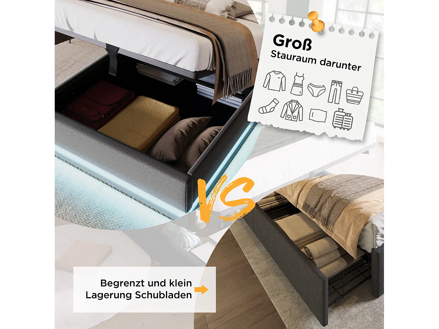 Cama contenedor 90 x 200 cm con cabecero - Tomas USB y Tipo C - LED - Tejido de algodón - Gris (sin colchón)