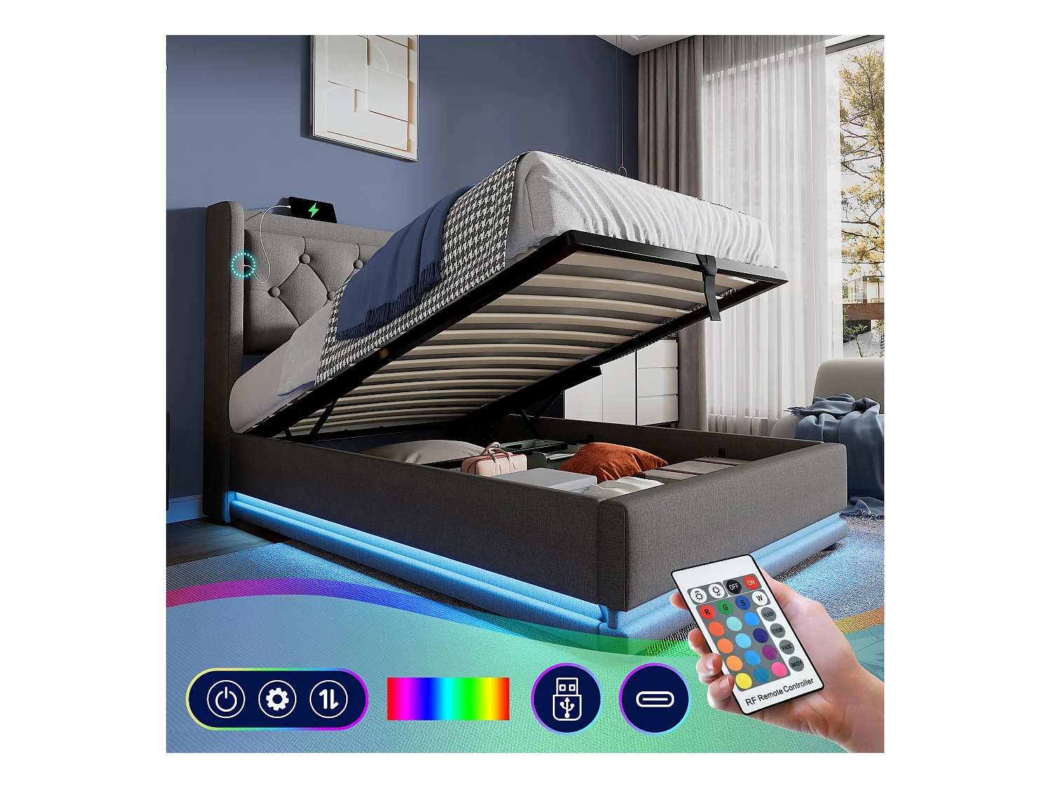 Lit coffre 90 x 200 cm avec tête de lit - Prises USB et Type-C - LEDs - Tissu en coton - Gris (sans matelas)