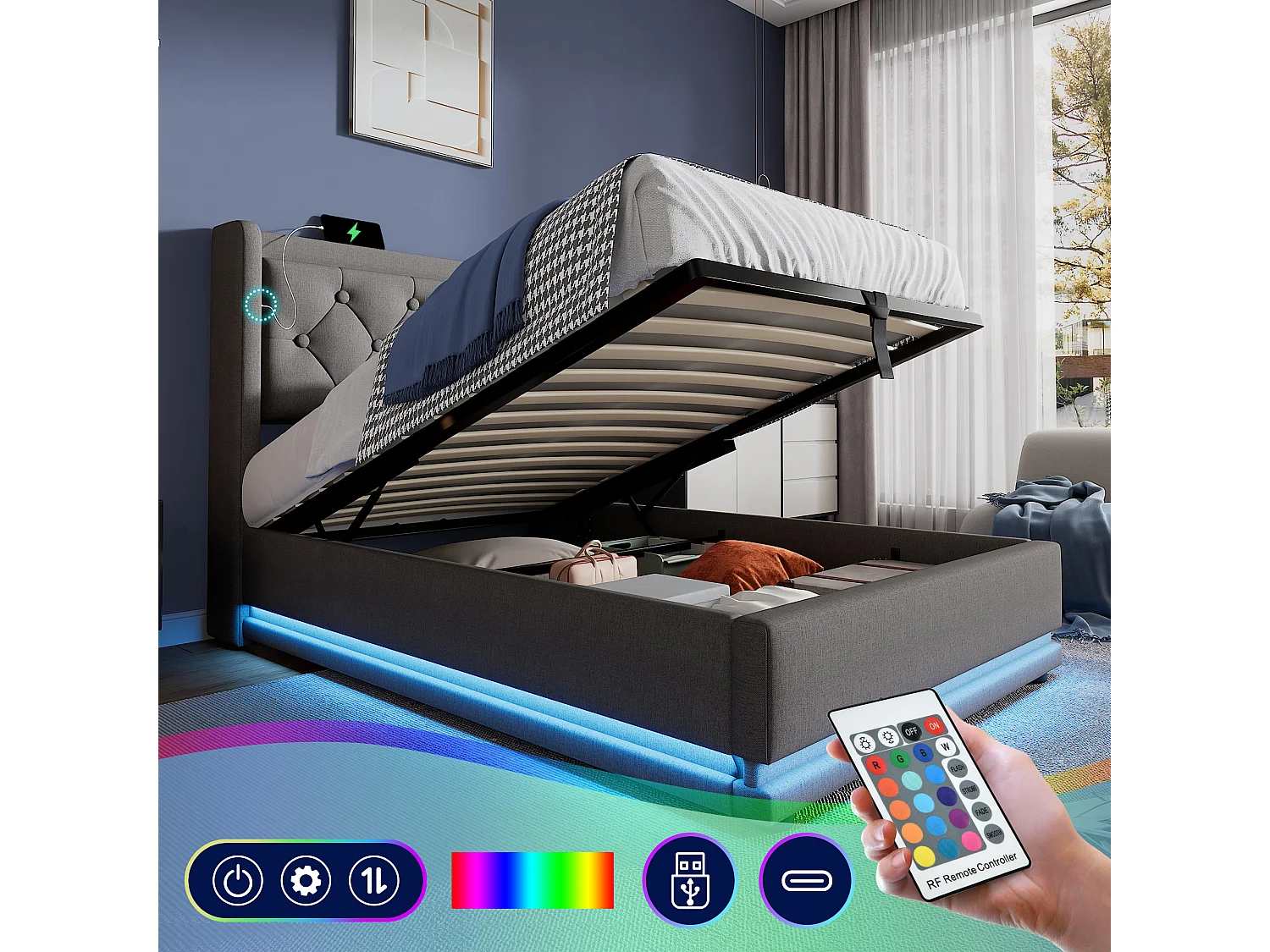 Lit coffre 90 x 200 cm avec tête de lit - Prises USB et Type-C - LEDs - Tissu en coton - Gris (sans matelas)