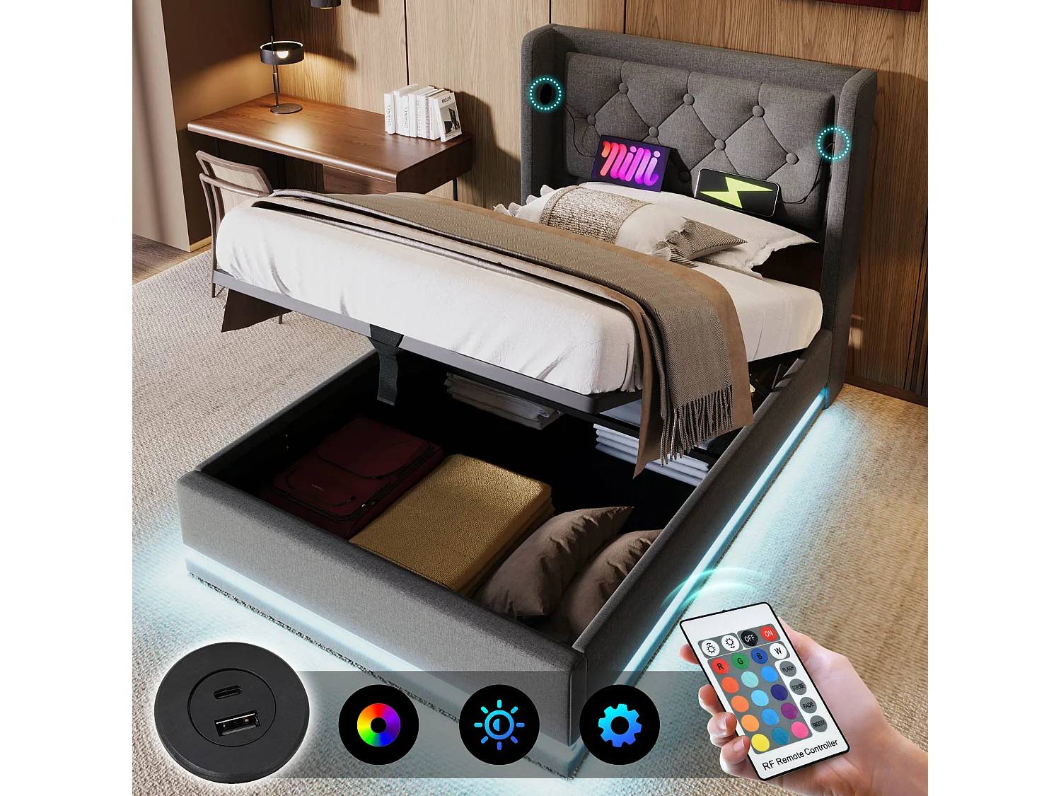 Lit coffre 90 x 200 cm avec tête de lit - Prises USB et Type-C - LEDs - Tissu en coton - Gris (sans matelas)