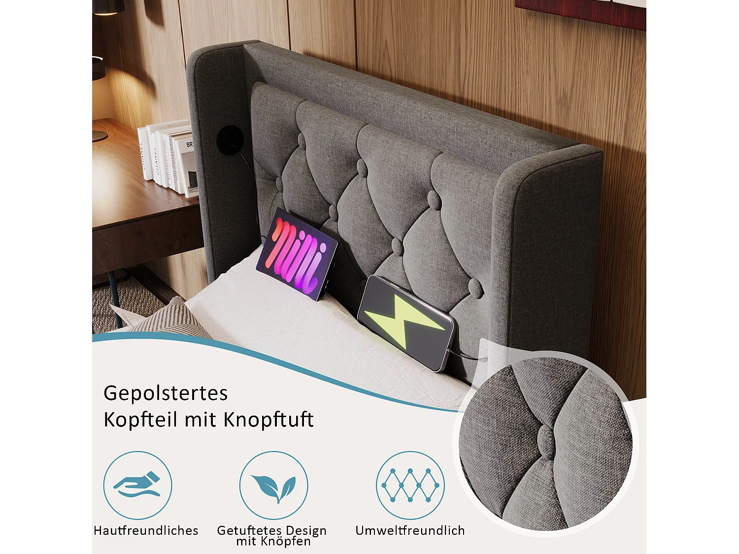 Lit coffre 90 x 200 cm avec tête de lit - Prises USB et Type-C - LEDs - Tissu en coton - Gris (sans matelas)