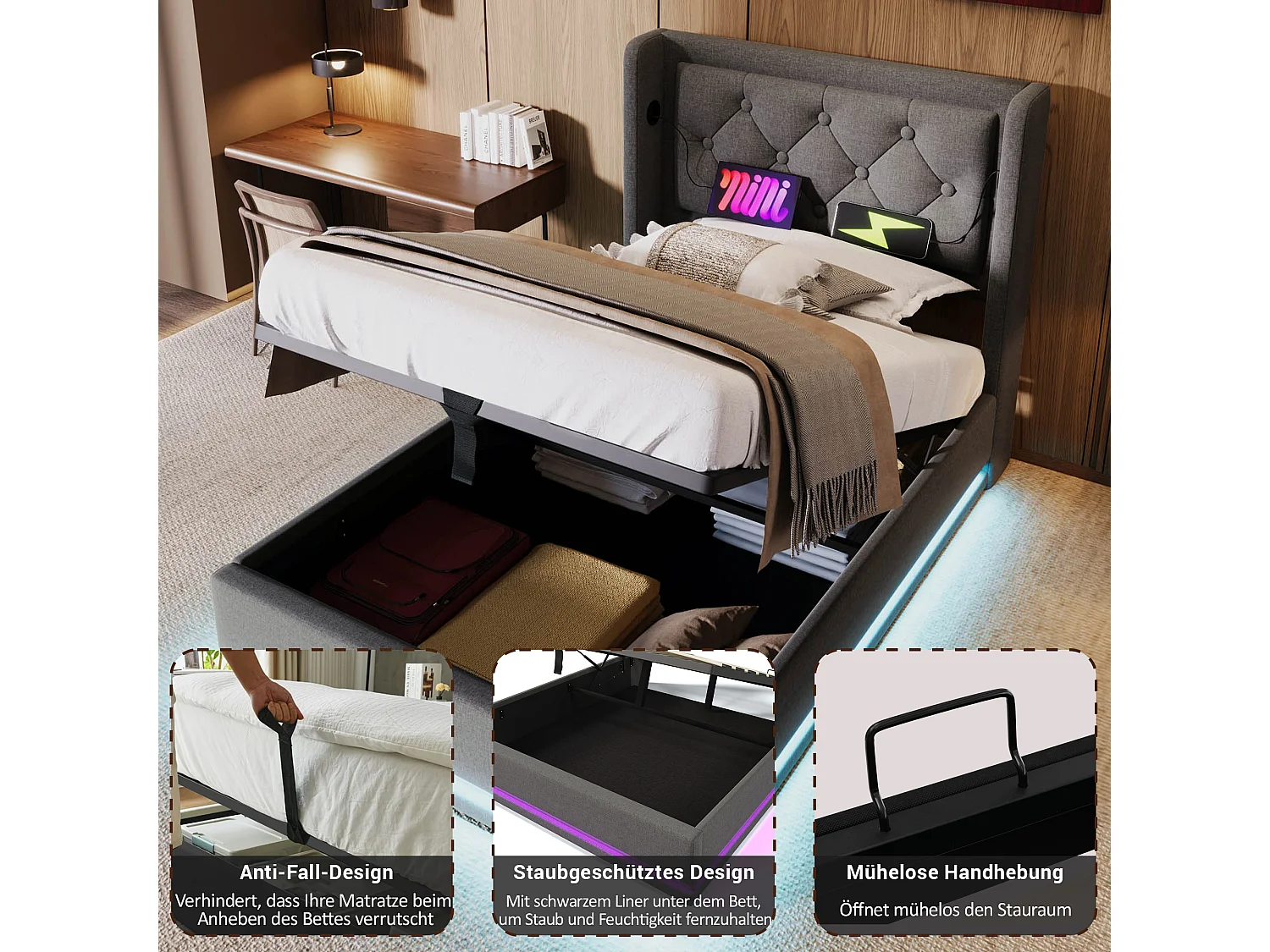 Lit coffre 90 x 200 cm avec tête de lit - Prises USB et Type-C - LEDs - Tissu en coton - Gris (sans matelas)