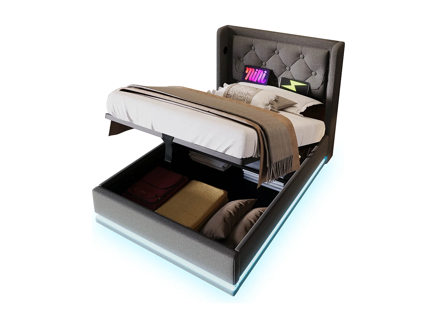 Lit coffre 90 x 200 cm avec tête de lit - Prises USB et Type-C - LEDs - Tissu en coton - Gris (sans matelas)