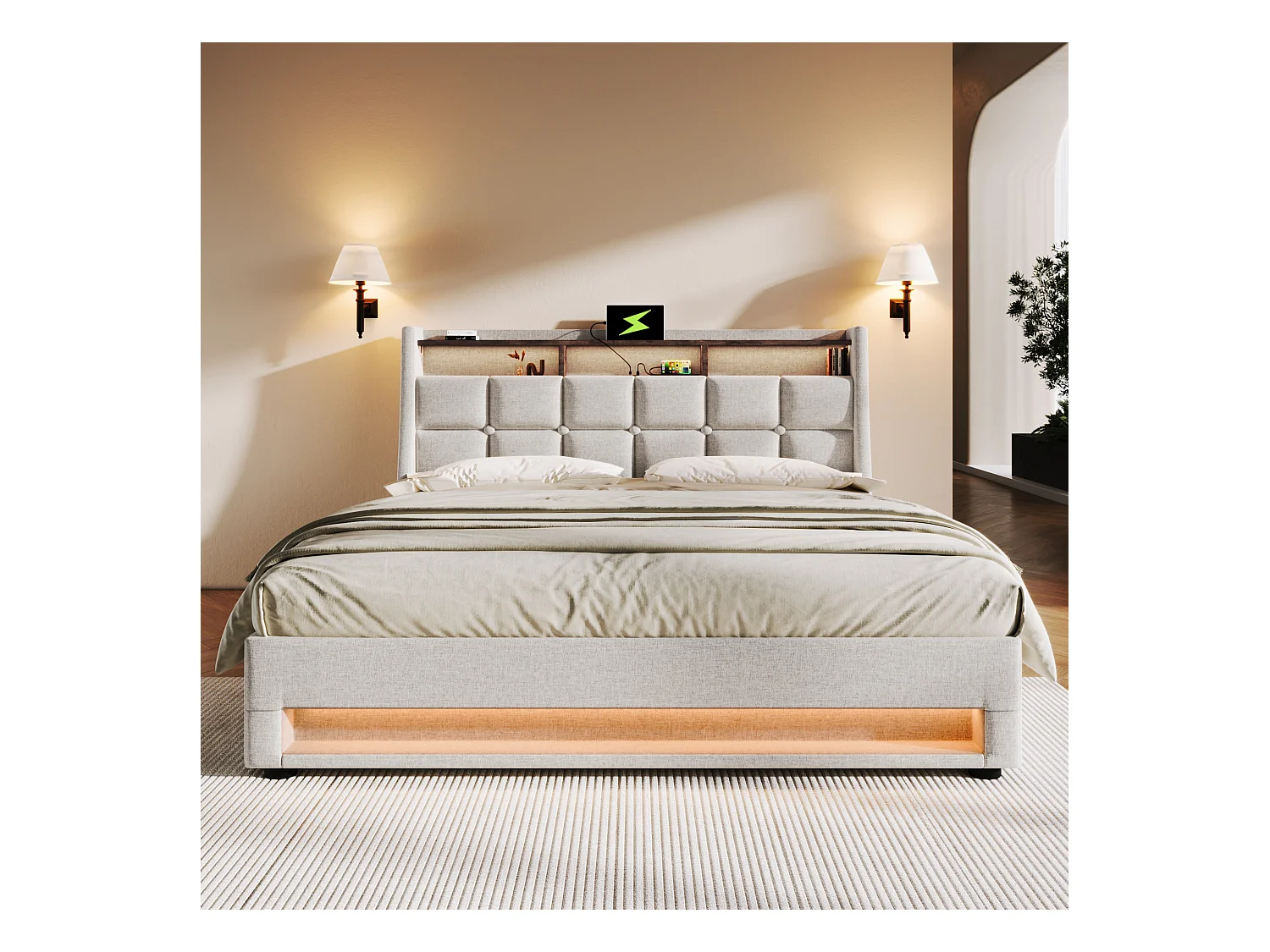 Letto contenitore 140 x 200 cm con testiera contenitore - Presa USB e led - Tessuto Lino - Beige - Senza materasso