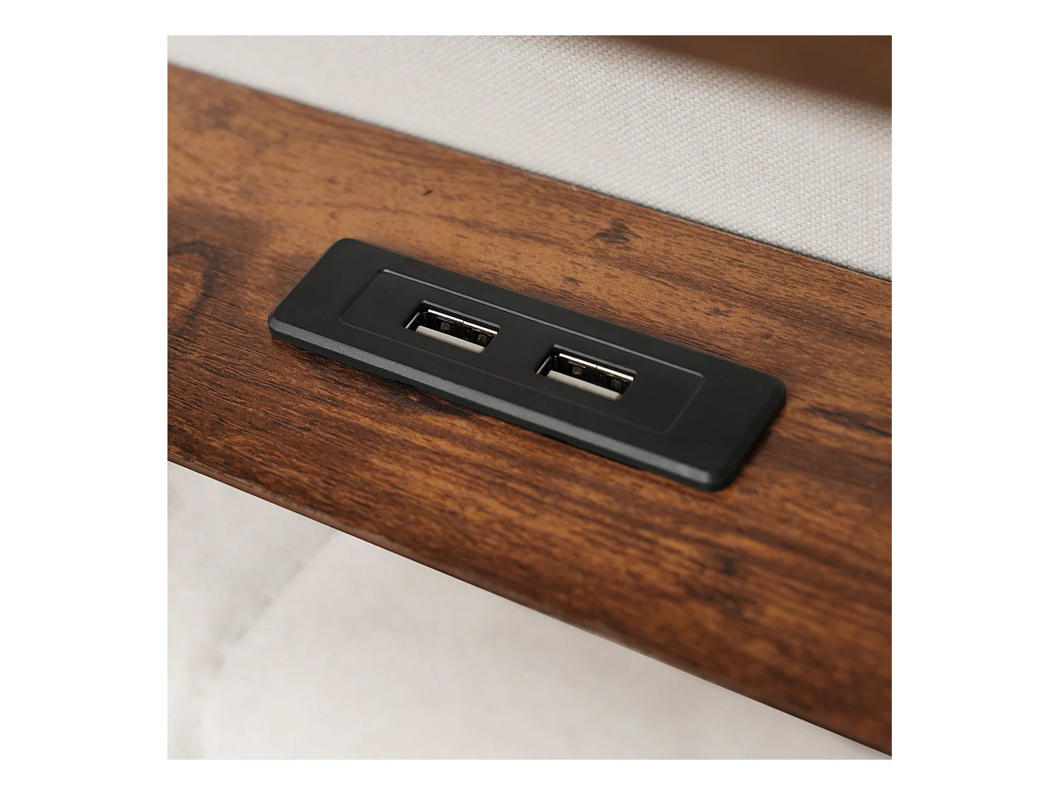 Letto contenitore 140 x 200 cm con testiera contenitore - Presa USB e led - Tessuto Lino - Beige - Senza materasso