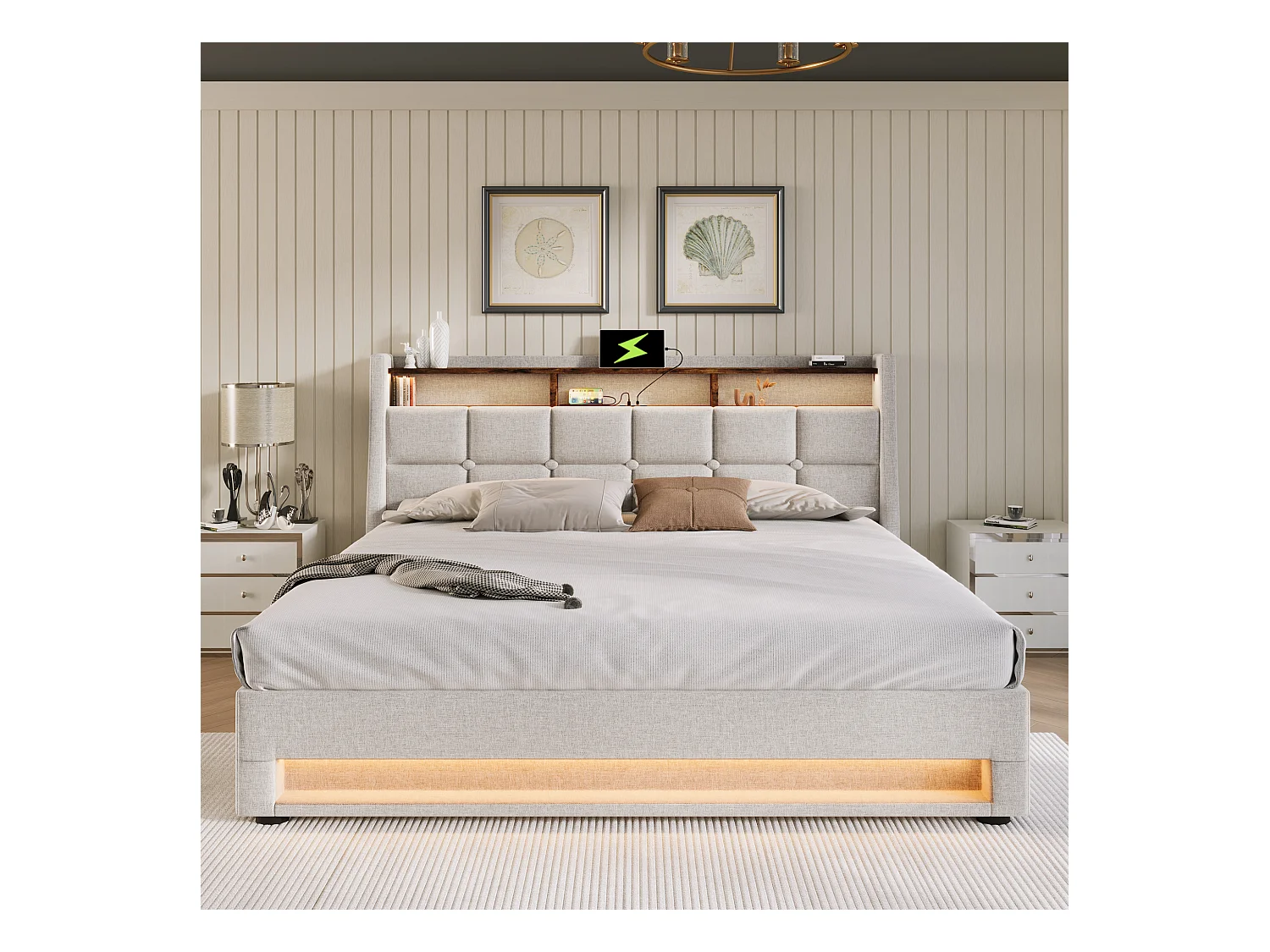 Letto contenitore 140 x 200 cm con testiera contenitore - Presa USB e led - Tessuto Lino - Beige - Senza materasso